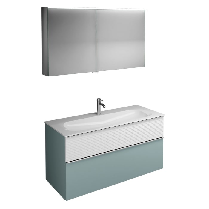 burgbad Fiumo Badmöbel-Set 122 cm mit Waschtisch mit 1 Hahnloch und Unterschrank  mit Griff G0146 sowie mit Spiegelschrank