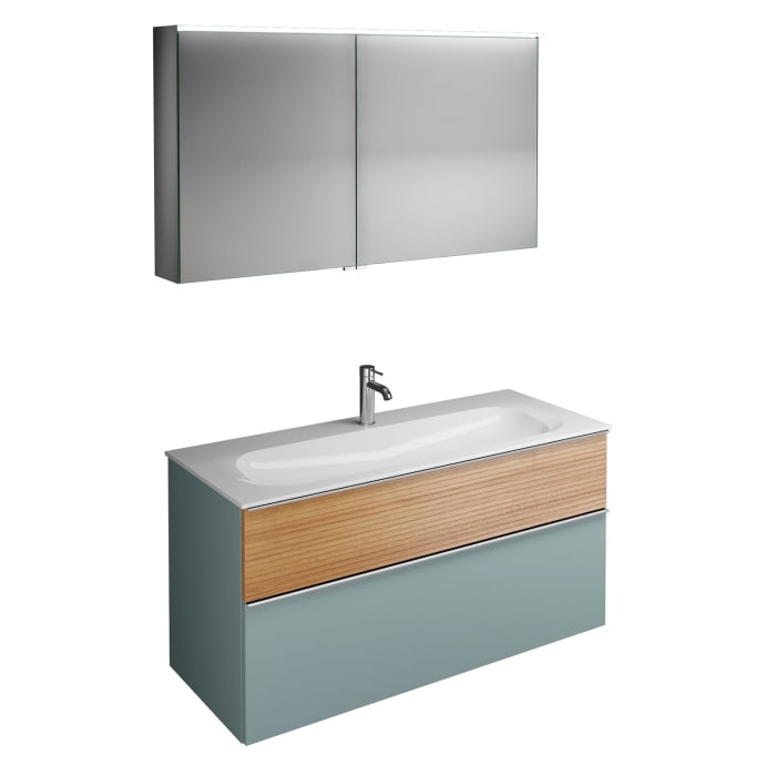 burgbad Fiumo Badmöbel-Set 122 cm mit Waschtisch mit 1 Hahnloch und Unterschrank  mit Griff G0146 sowie mit Spiegelschrank