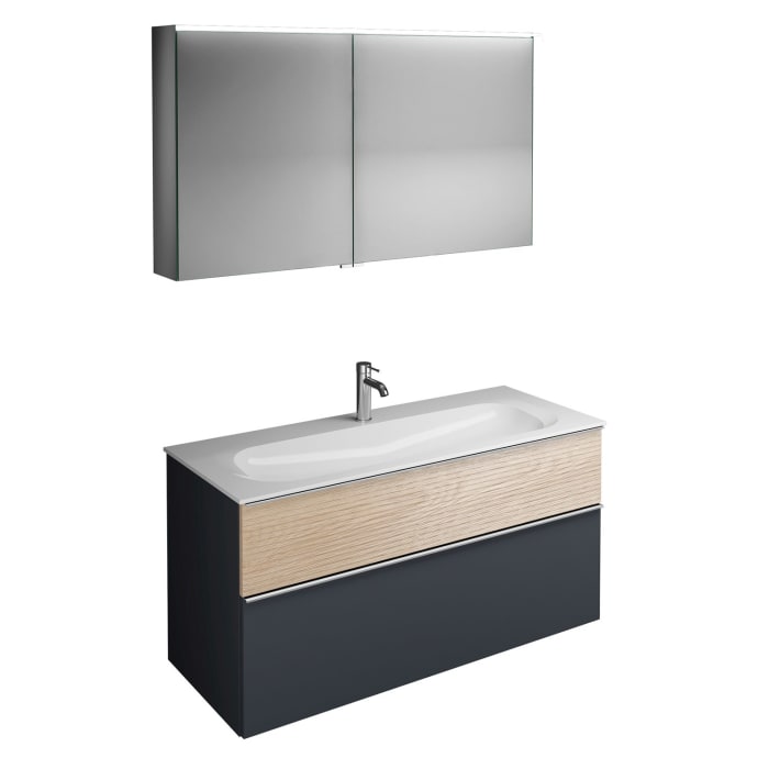 burgbad Fiumo Badmöbel-Set 122 cm mit Waschtisch mit 1 Hahnloch und Unterschrank  mit Griff G0146 sowie mit Spiegelschrank