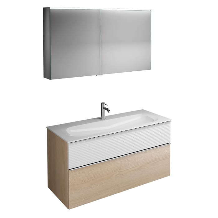 burgbad Fiumo Badmöbel-Set 122 cm mit Waschtisch mit 1 Hahnloch und Unterschrank  mit Griff G0146 sowie mit Spiegelschrank