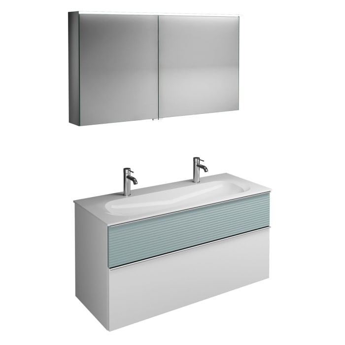 burgbad Fiumo Badmöbel-Set 122 cm mit Waschtisch mit 2 Hahnlöcher und Unterschrank  mit Griff G0146 sowie mit Spiegelschrank