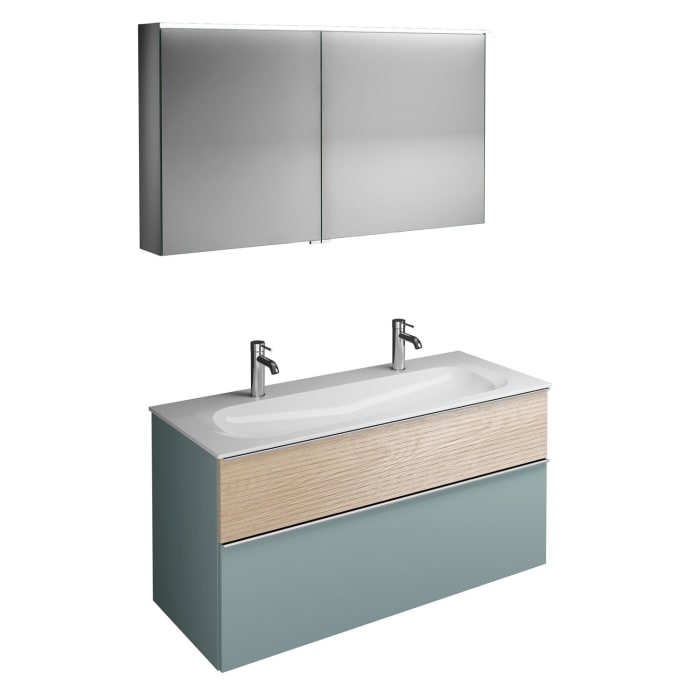 burgbad Fiumo Badmöbel-Set 122 cm mit Waschtisch mit 2 Hahnlöcher und Unterschrank  mit Griff G0146 sowie mit Spiegelschrank