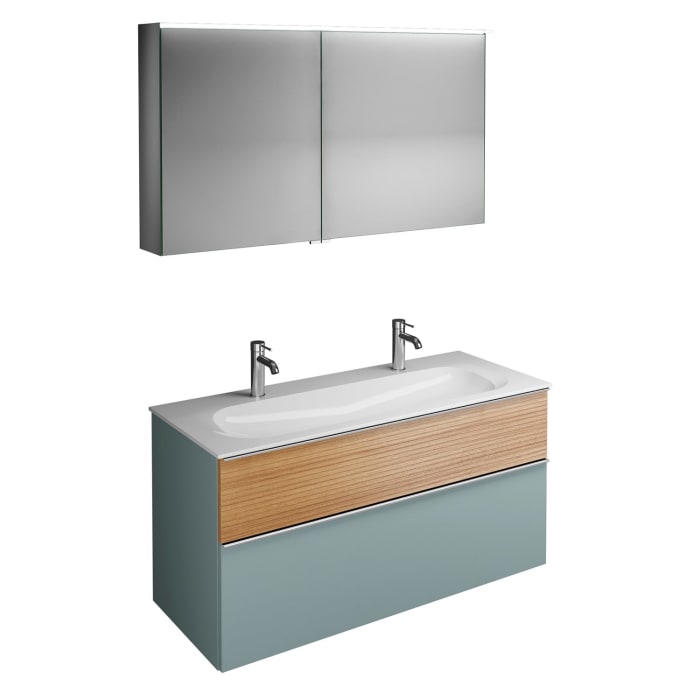 burgbad Fiumo Badmöbel-Set 122 cm mit Waschtisch mit 2 Hahnlöcher und Unterschrank  mit Griff G0146 sowie mit Spiegelschrank