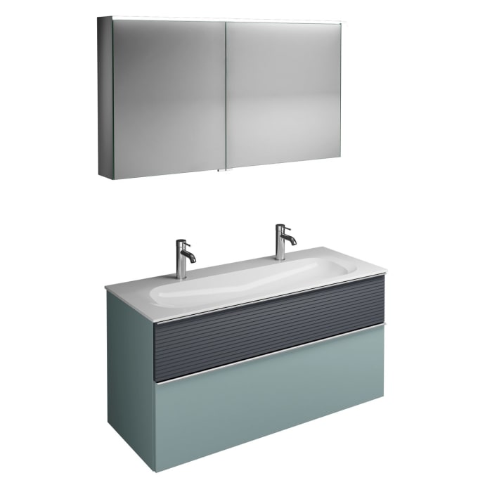 burgbad Fiumo Badmöbel-Set 122 cm mit Waschtisch mit 2 Hahnlöcher und Unterschrank  mit Griff G0146 sowie mit Spiegelschrank