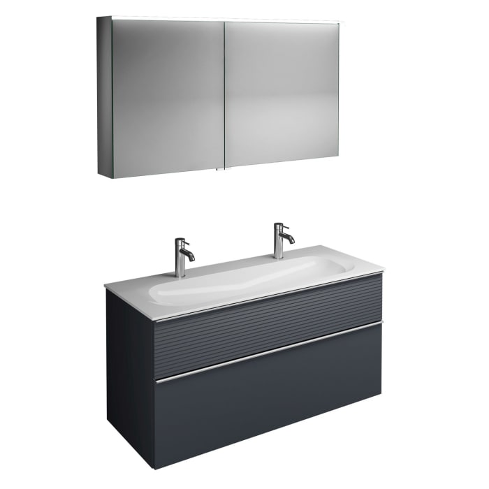 burgbad Fiumo Badmöbel-Set 122 cm mit Waschtisch mit 2 Hahnlöcher und Unterschrank  mit Griff G0146 sowie mit Spiegelschrank