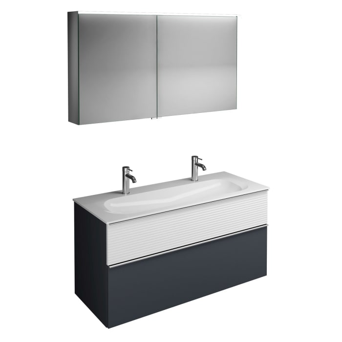 burgbad Fiumo Badmöbel-Set 122 cm mit Waschtisch mit 2 Hahnlöcher und Unterschrank  mit Griff G0146 sowie mit Spiegelschrank