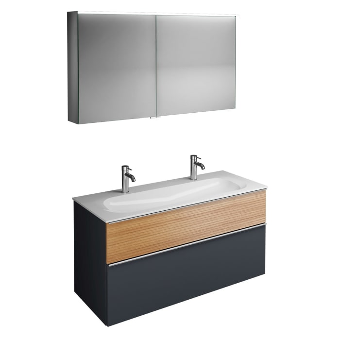 burgbad Fiumo Badmöbel-Set 122 cm mit Waschtisch mit 2 Hahnlöcher und Unterschrank  mit Griff G0146 sowie mit Spiegelschrank