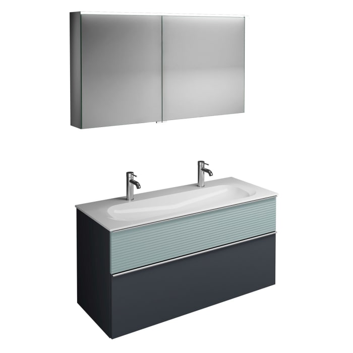 burgbad Fiumo Badmöbel-Set 122 cm mit Waschtisch mit 2 Hahnlöcher und Unterschrank  mit Griff G0146 sowie mit Spiegelschrank