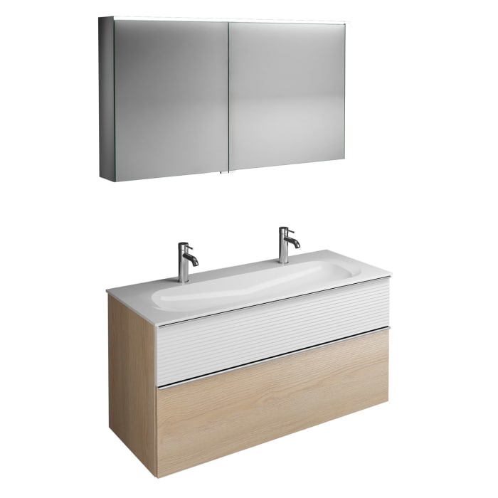 burgbad Fiumo Badmöbel-Set 122 cm mit Waschtisch mit 2 Hahnlöcher und Unterschrank  mit Griff G0146 sowie mit Spiegelschrank