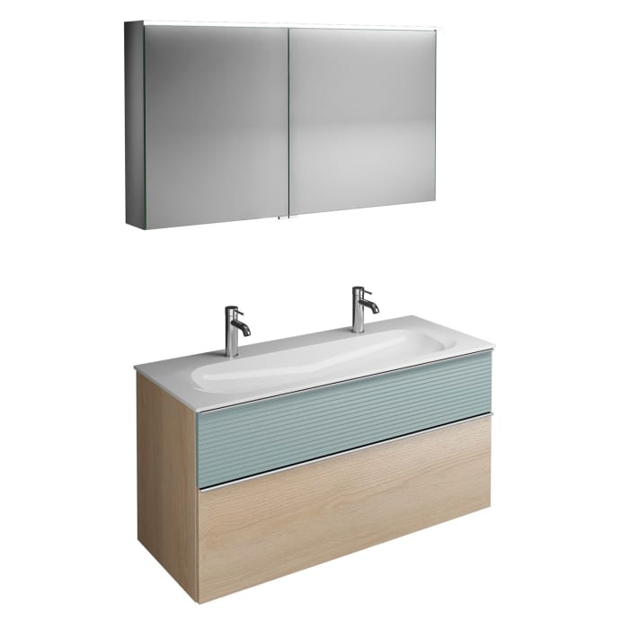 burgbad Fiumo Badmöbel-Set 122 cm mit Waschtisch mit 2 Hahnlöcher und Unterschrank  mit Griff G0146 sowie mit Spiegelschrank