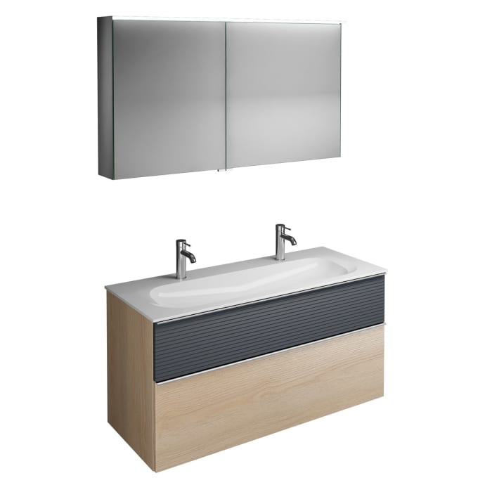 burgbad Fiumo Badmöbel-Set 122 cm mit Waschtisch mit 2 Hahnlöcher und Unterschrank  mit Griff G0146 sowie mit Spiegelschrank