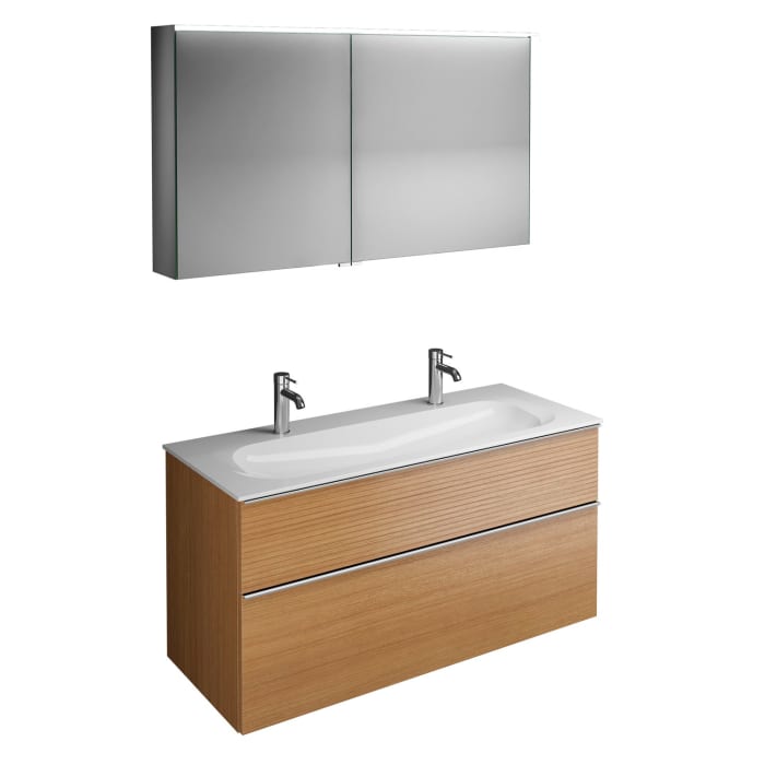 burgbad Fiumo Badmöbel-Set 122 cm mit Waschtisch mit 2 Hahnlöcher und Unterschrank  mit Griff G0146 sowie mit Spiegelschrank