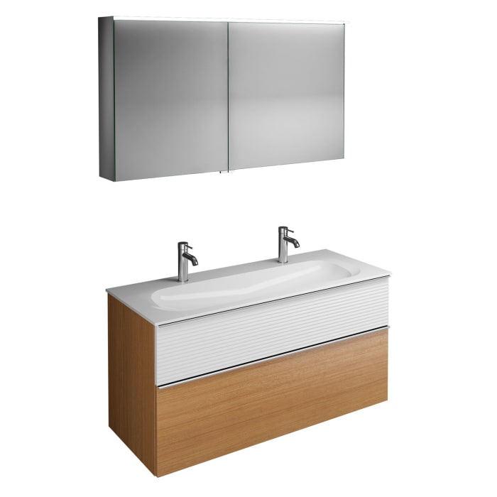 burgbad Fiumo Badmöbel-Set 122 cm mit Waschtisch mit 2 Hahnlöcher und Unterschrank  mit Griff G0146 sowie mit Spiegelschrank