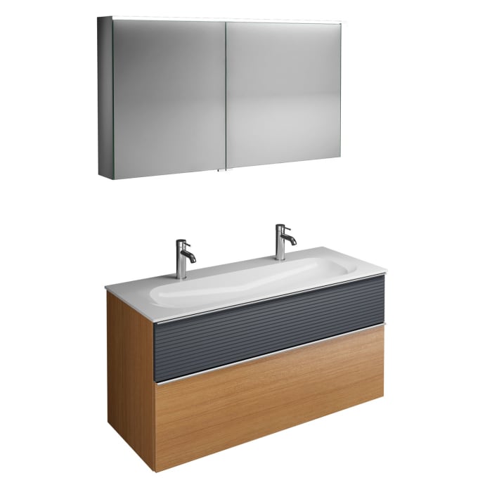 burgbad Fiumo Badmöbel-Set 122 cm mit Waschtisch mit 2 Hahnlöcher und Unterschrank  mit Griff G0146 sowie mit Spiegelschrank