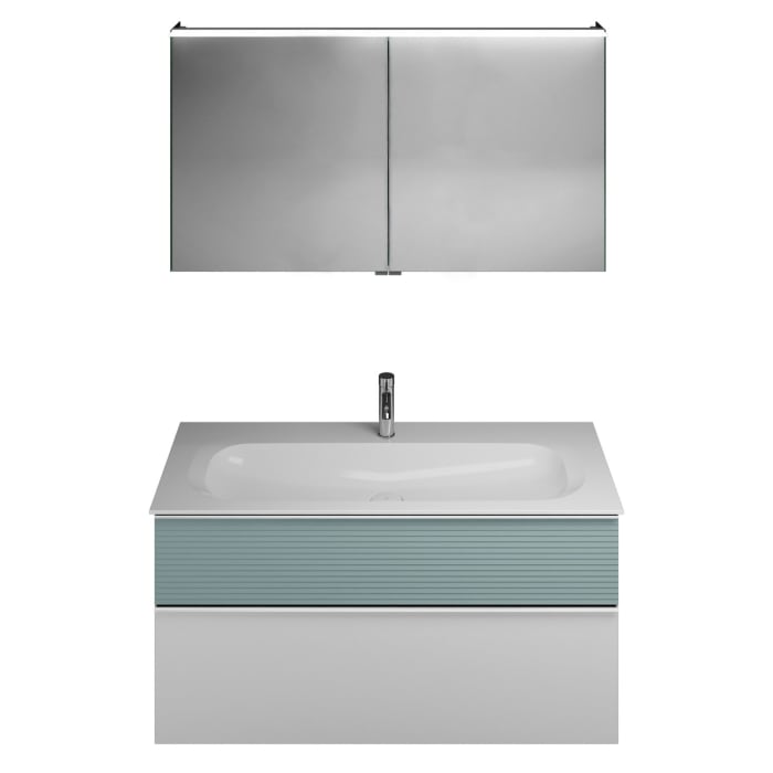 burgbad Fiumo Badmöbel-Set 122 cm mit Waschtisch mit 1 Hahnloch und Unterschrank  mit Griff G0146 sowie mit Spiegelschrank