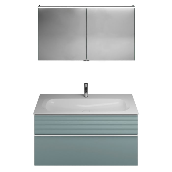 burgbad Fiumo Badmöbel-Set 122 cm mit Waschtisch mit 1 Hahnloch und Unterschrank  mit Griff G0146 sowie mit Spiegelschrank