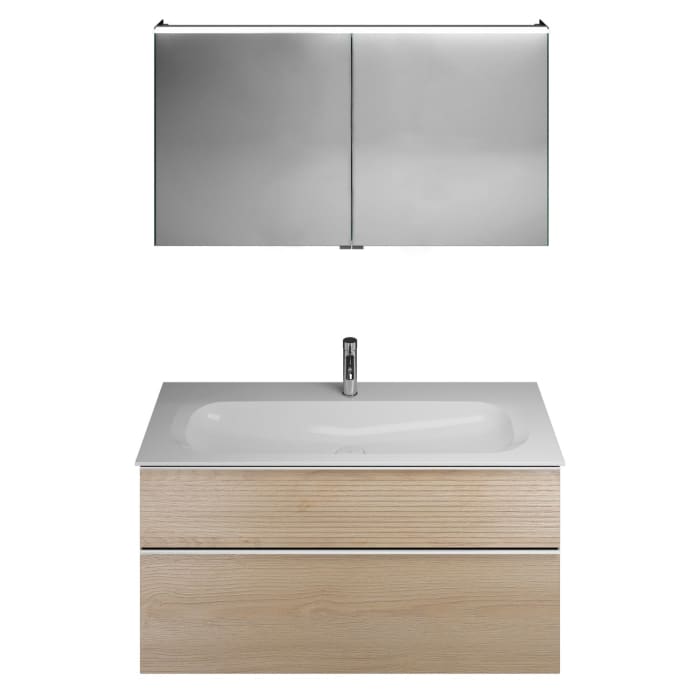 burgbad Fiumo Badmöbel-Set 122 cm mit Waschtisch mit 1 Hahnloch und Unterschrank  mit Griff G0146 sowie mit Spiegelschrank