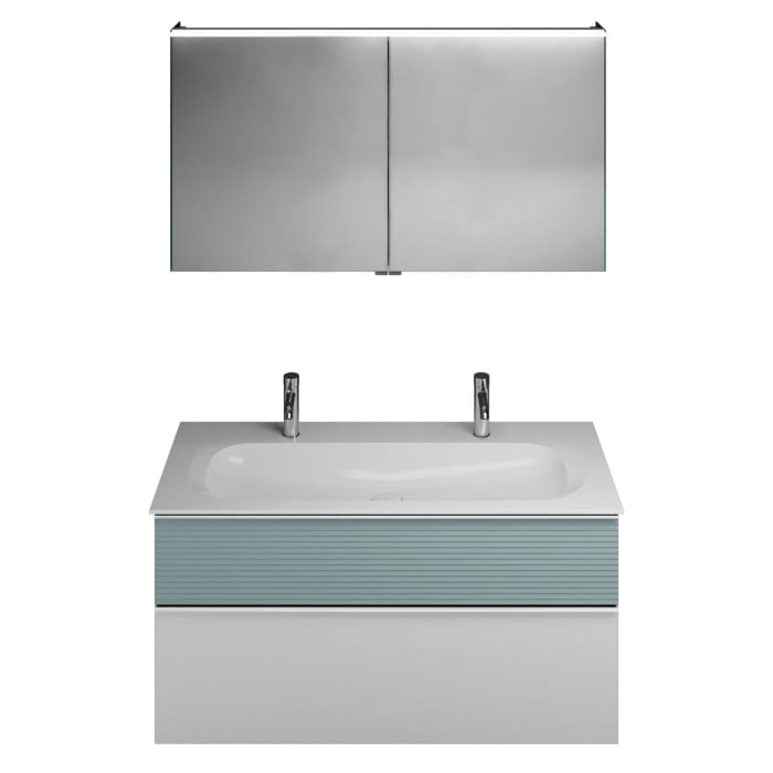 burgbad Fiumo Badmöbel-Set 122 cm mit Waschtisch mit 2 Hahnlöcher und Unterschrank  mit Griff G0146 sowie mit Spiegelschrank