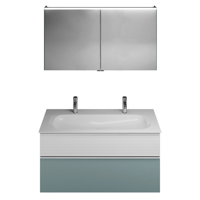 burgbad Fiumo Badmöbel-Set 122 cm mit Waschtisch mit 2 Hahnlöcher und Unterschrank  mit Griff G0146 sowie mit Spiegelschrank