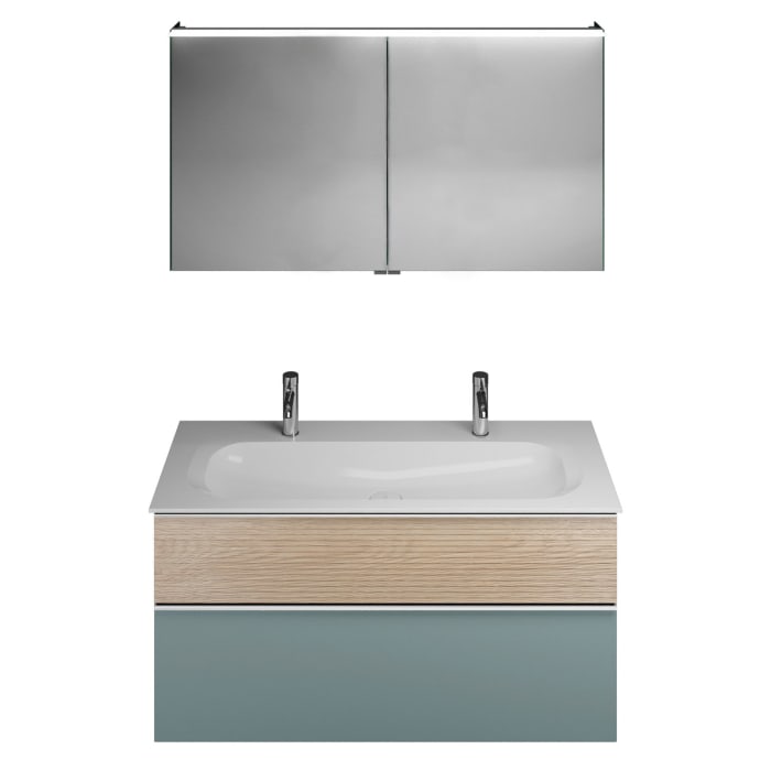 burgbad Fiumo Badmöbel-Set 122 cm mit Waschtisch mit 2 Hahnlöcher und Unterschrank  mit Griff G0146 sowie mit Spiegelschrank