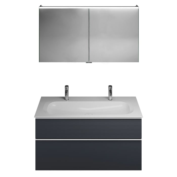 burgbad Fiumo Badmöbel-Set 122 cm mit Waschtisch mit 2 Hahnlöcher und Unterschrank  mit Griff G0146 sowie mit Spiegelschrank