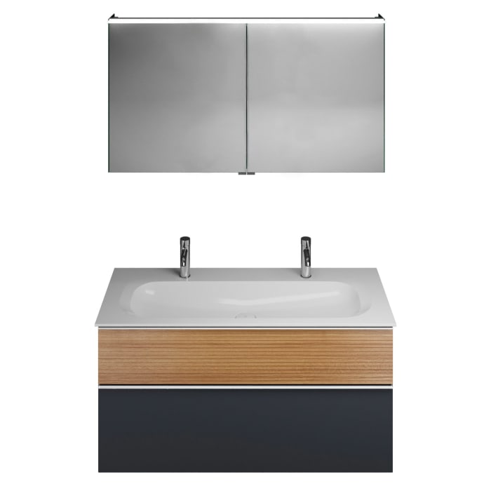 burgbad Fiumo Badmöbel-Set 122 cm mit Waschtisch mit 2 Hahnlöcher und Unterschrank  mit Griff G0146 sowie mit Spiegelschrank