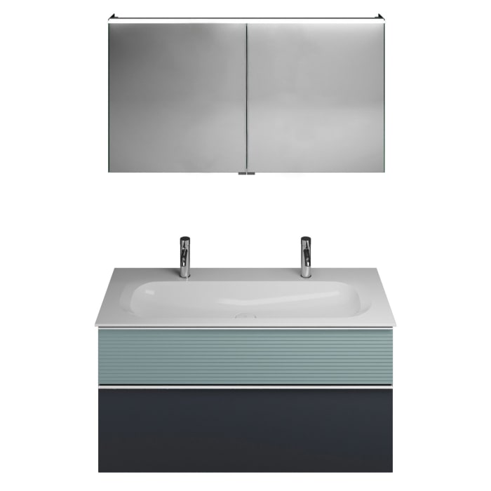 burgbad Fiumo Badmöbel-Set 122 cm mit Waschtisch mit 2 Hahnlöcher und Unterschrank  mit Griff G0146 sowie mit Spiegelschrank