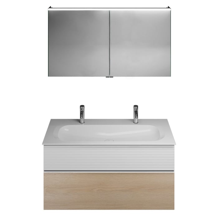 burgbad Fiumo Badmöbel-Set 122 cm mit Waschtisch mit 2 Hahnlöcher und Unterschrank  mit Griff G0146 sowie mit Spiegelschrank