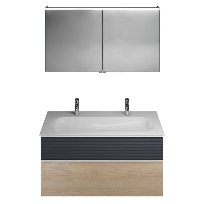 burgbad Fiumo Badmöbel-Set 122 cm mit Waschtisch mit 2 Hahnlöcher und Unterschrank  mit Griff G0146 sowie mit Spiegelschrank