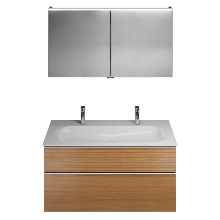 burgbad Fiumo Badmöbel-Set 122 cm mit Waschtisch mit 2 Hahnlöcher und Unterschrank  mit Griff G0146 sowie mit Spiegelschrank