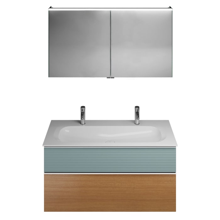 burgbad Fiumo Badmöbel-Set 122 cm mit Waschtisch mit 2 Hahnlöcher und Unterschrank  mit Griff G0146 sowie mit Spiegelschrank