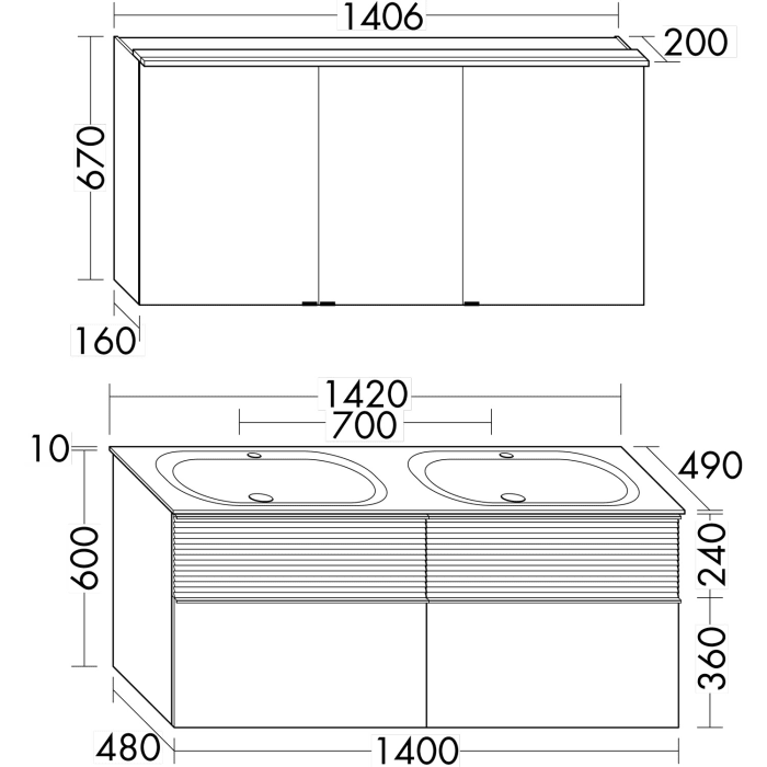 burgbad Fiumo Badmöbel-Set 142 cm mit Doppel-Waschtisch und Unterschrank  mit Griff G0200 sowie mit Spiegelschrank