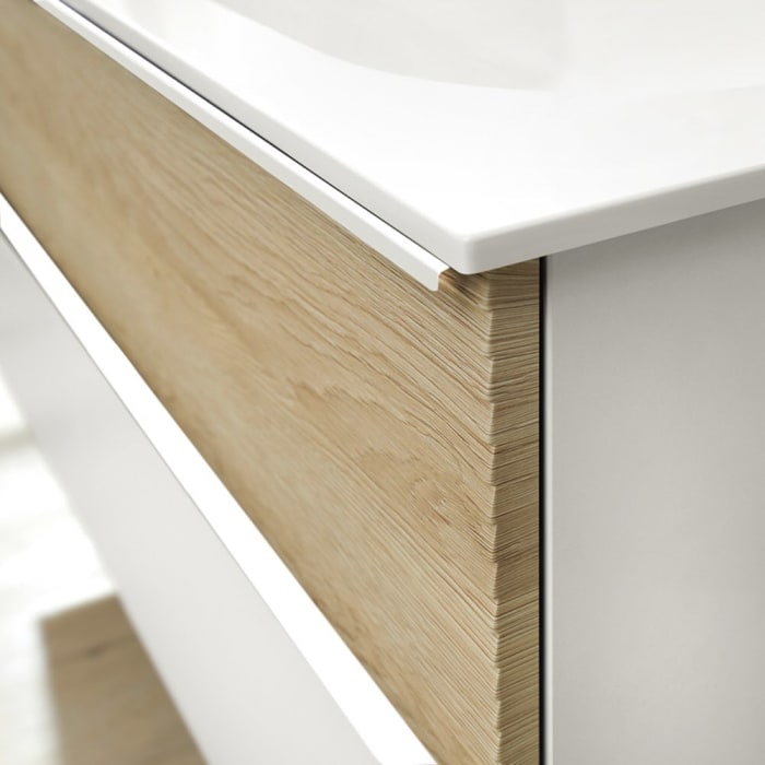 burgbad Fiumo Badmöbel-Set 142 cm mit Doppel-Waschtisch und Unterschrank  mit Griff G0223 sowie mit Spiegelschrank