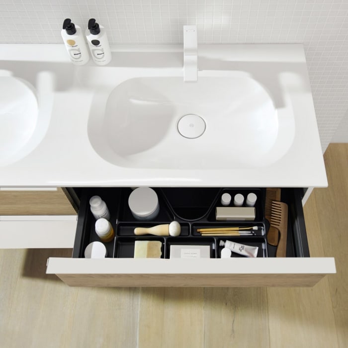 burgbad Fiumo Badmöbel-Set 142 cm mit Doppel-Waschtisch und Unterschrank  mit Griff G0223 sowie mit Spiegelschrank