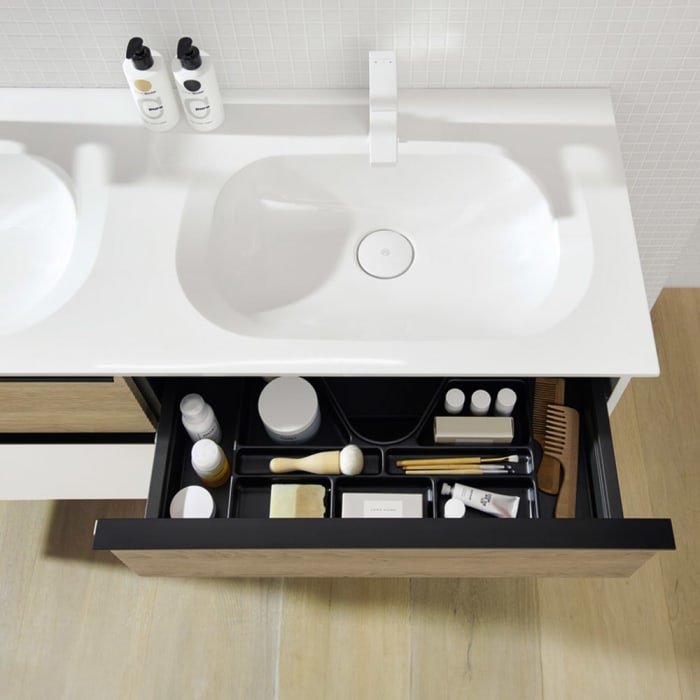 burgbad Fiumo Badmöbel-Set 142 cm mit Doppel-Waschtisch und Unterschrank  mit Griff G0200 sowie mit Spiegelschrank