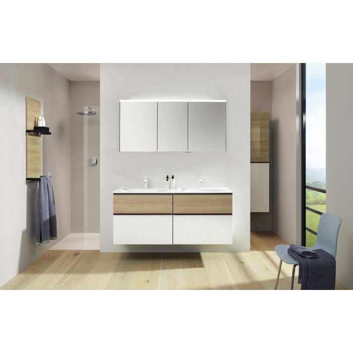 burgbad Fiumo Badmöbel-Set 142 cm mit Doppel-Waschtisch und Unterschrank  mit Griff G0200 sowie mit Spiegelschrank