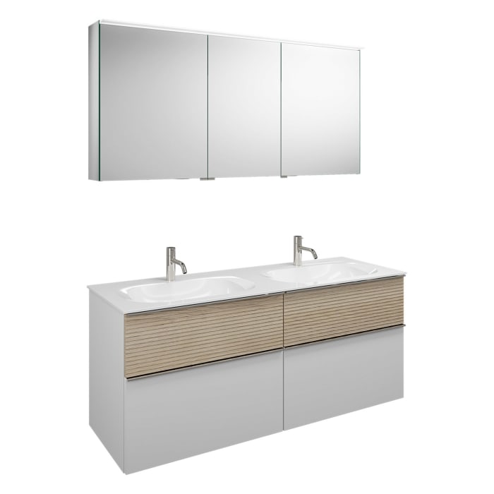 burgbad Fiumo Badmöbel-Set 142 cm mit Doppel-Waschtisch und Unterschrank  mit Griff G0146 sowie mit Spiegelschrank