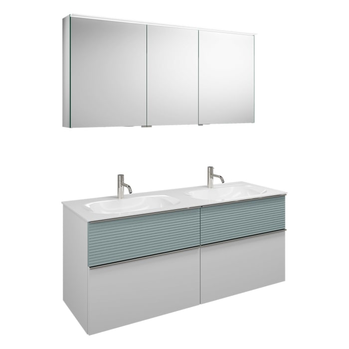 burgbad Fiumo Badmöbel-Set 142 cm mit Doppel-Waschtisch und Unterschrank  mit Griff G0146 sowie mit Spiegelschrank