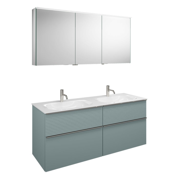 burgbad Fiumo Badmöbel-Set 142 cm mit Doppel-Waschtisch und Unterschrank  mit Griff G0146 sowie mit Spiegelschrank