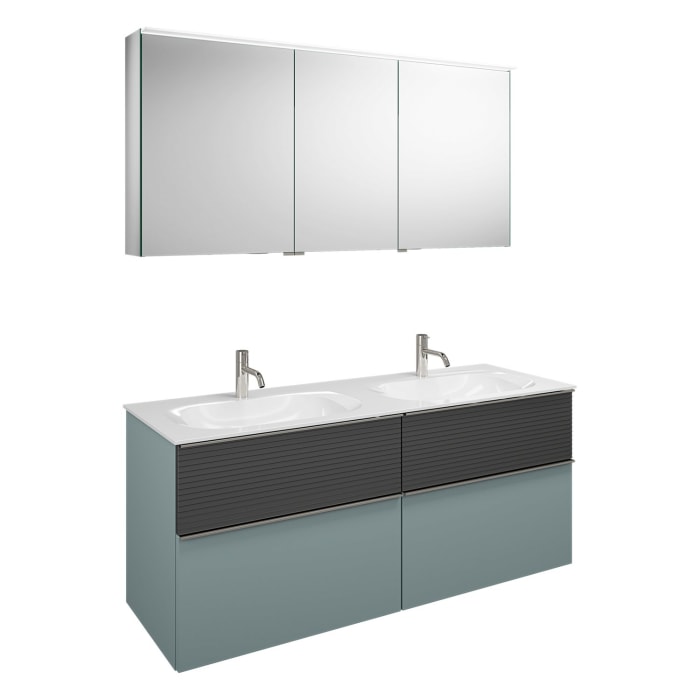 burgbad Fiumo Badmöbel-Set 142 cm mit Doppel-Waschtisch und Unterschrank  mit Griff G0146 sowie mit Spiegelschrank