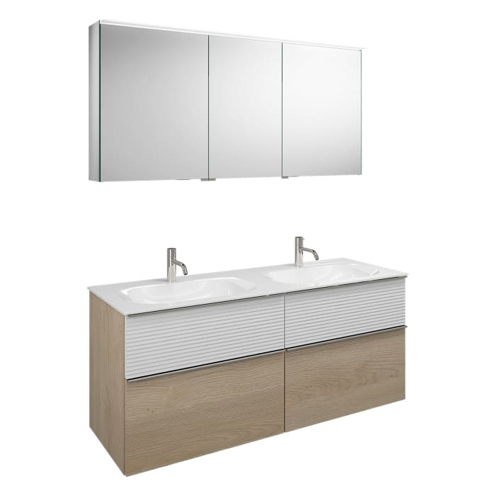 burgbad Fiumo Badmöbel-Set 142 cm mit Doppel-Waschtisch und Unterschrank  mit Griff G0146 sowie mit Spiegelschrank