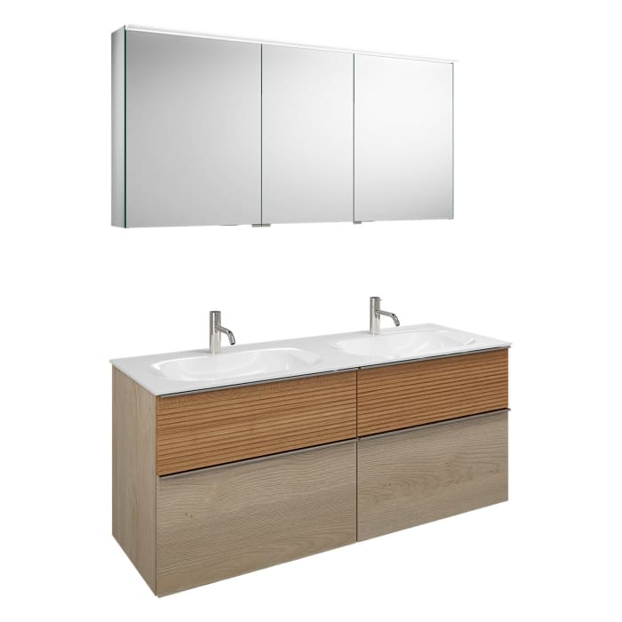 burgbad Fiumo Badmöbel-Set 142 cm mit Doppel-Waschtisch und Unterschrank  mit Griff G0146 sowie mit Spiegelschrank