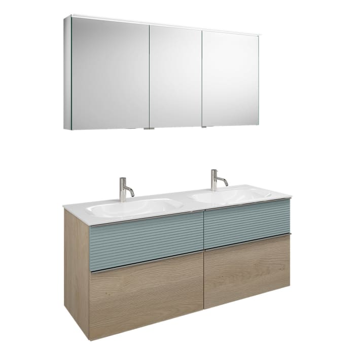 burgbad Fiumo Badmöbel-Set 142 cm mit Doppel-Waschtisch und Unterschrank  mit Griff G0146 sowie mit Spiegelschrank