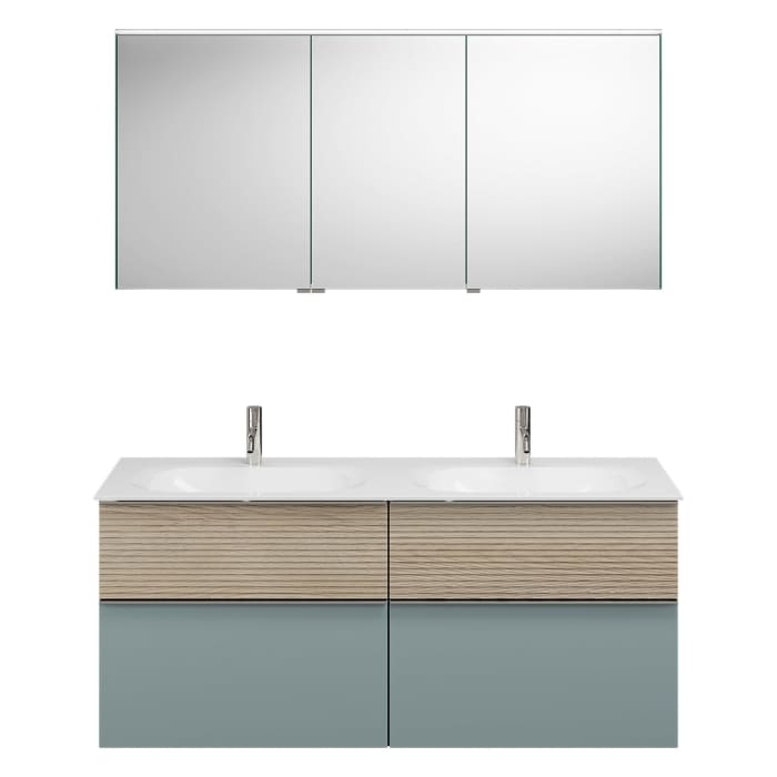 burgbad Fiumo Badmöbel-Set 142 cm mit Doppel-Waschtisch und Unterschrank  mit Griff G0146 sowie mit Spiegelschrank