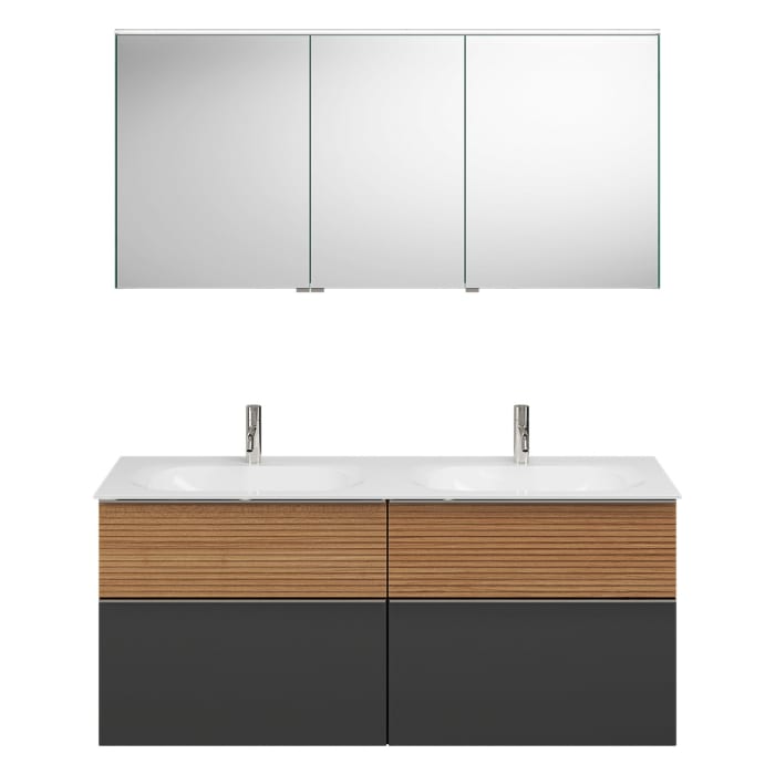 burgbad Fiumo Badmöbel-Set 142 cm mit Doppel-Waschtisch und Unterschrank  mit Griff G0146 sowie mit Spiegelschrank