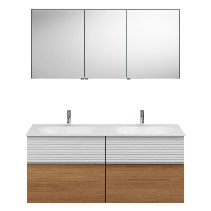 burgbad Fiumo Badmöbel-Set 142 cm mit Doppel-Waschtisch und Unterschrank  mit Griff G0146 sowie mit Spiegelschrank