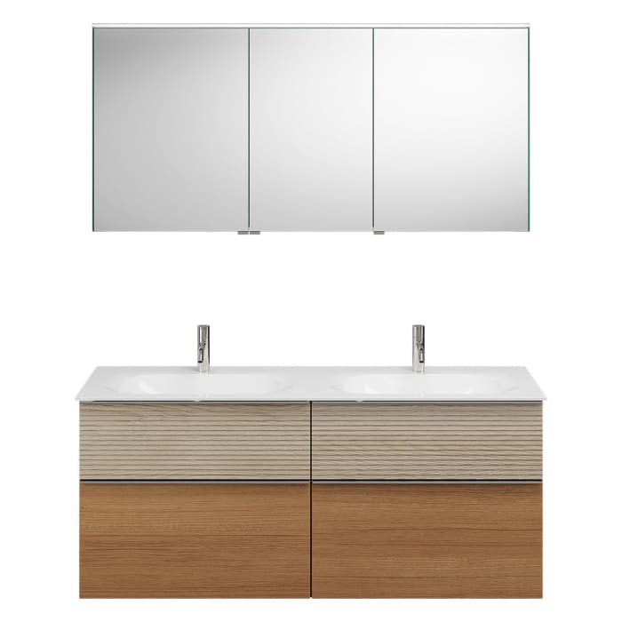 burgbad Fiumo Badmöbel-Set 142 cm mit Doppel-Waschtisch und Unterschrank  mit Griff G0146 sowie mit Spiegelschrank