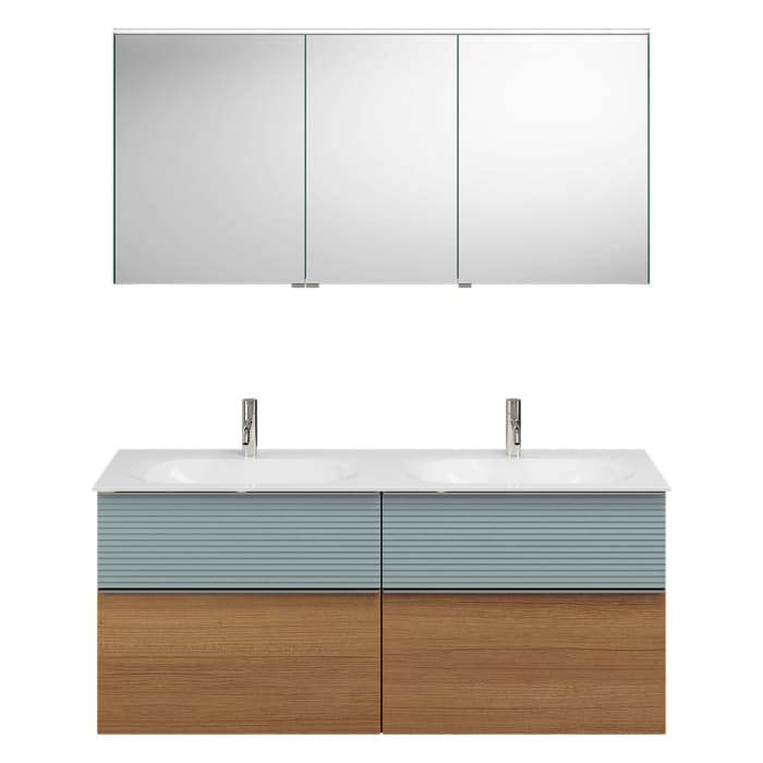 burgbad Fiumo Badmöbel-Set 142 cm mit Doppel-Waschtisch und Unterschrank  mit Griff G0146 sowie mit Spiegelschrank