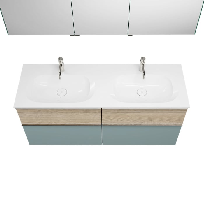 burgbad Fiumo Badmöbel-Set 142 cm mit Doppel-Waschtisch und Unterschrank  mit Griff G0146 sowie mit Spiegelschrank