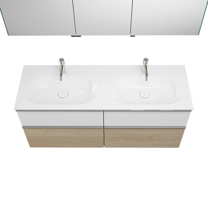 burgbad Fiumo Badmöbel-Set 142 cm mit Doppel-Waschtisch und Unterschrank  mit Griff G0146 sowie mit Spiegelschrank